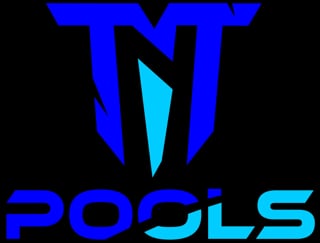 TNT Pools logo featuring blue geometric shield with cyan accent and blue text