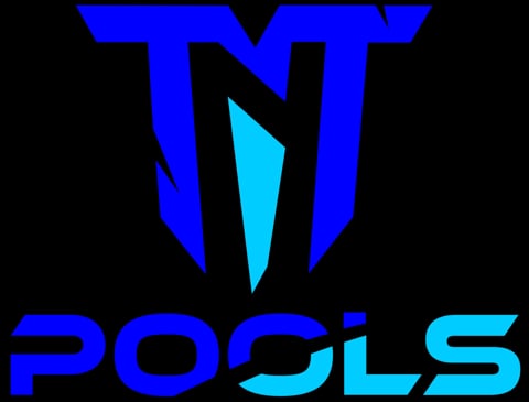 TNT Pools logo featuring blue geometric shield with cyan accent and blue text