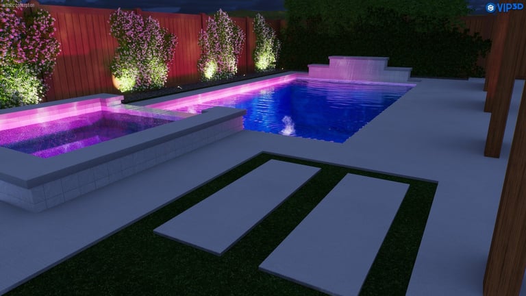 Modern backyard with illuminated hot tub, blue swimming pool, and geometric concrete patio surrounded by landscaping at night
